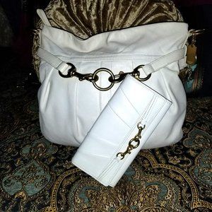 Coach White Leather Pleated Hobo w/brass shoulder bag with matching wallet